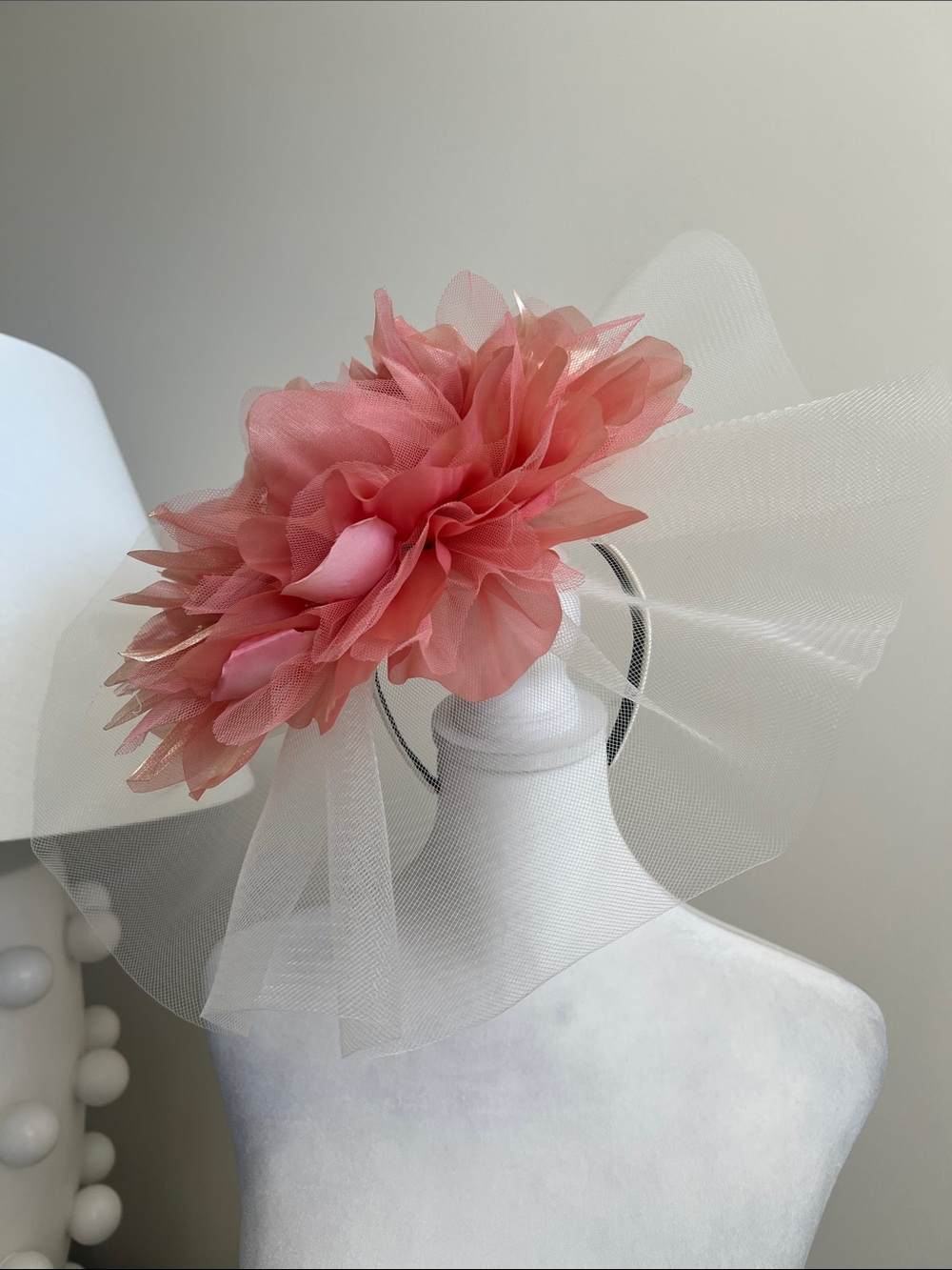 Whittall & Shon Coral fascinator Floral Tulle Headpiece posy